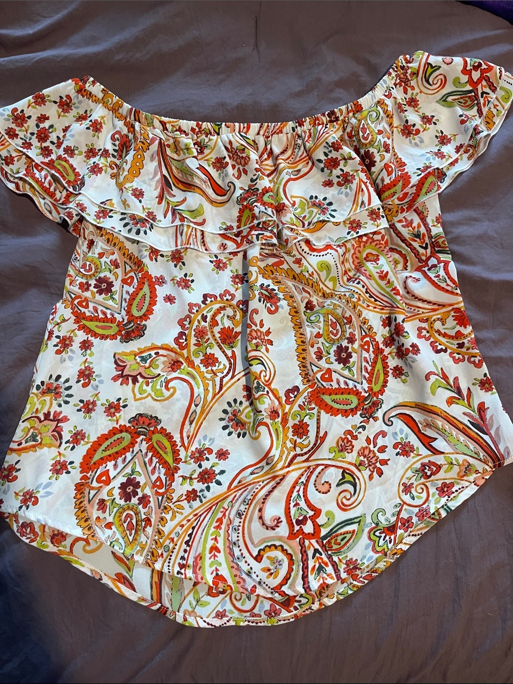 Off-Shoulder Paisley Print Women’s Top - White with Orange & Green